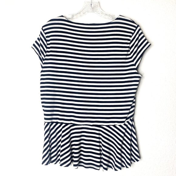 Vince Camuto Black & White Striped Peplum Short Sleeve Mesh Lined Top Size Large - Picture 2 of 6